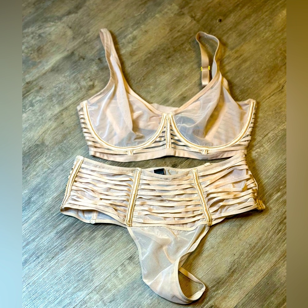 Victoria Secret Mesh Unlined Plunge Bra Set with High Waisted Thong